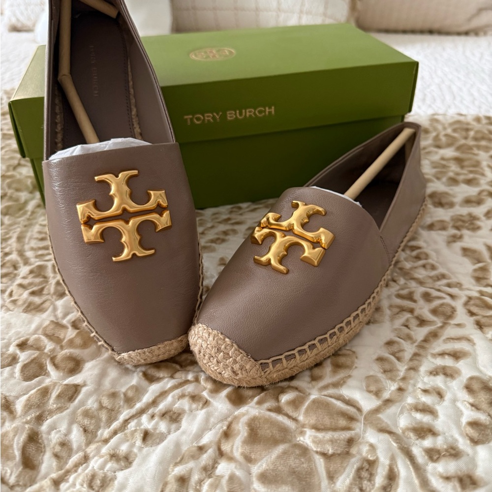 Tory Burch Taupe Espadrilles with Gold Logo